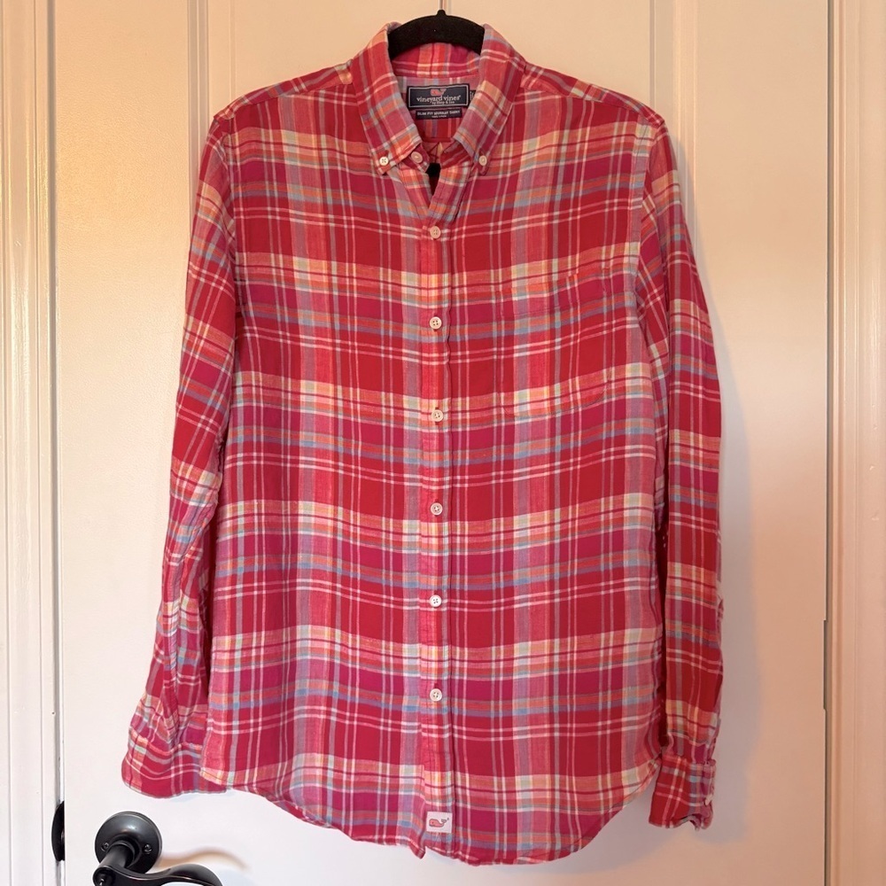 Vineyard Vines Men’s 100% Linen Deep Pink and Blue Plaid Button Down Small Shirt